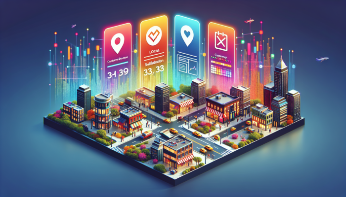 Google 3-Pack interface showcasing three local businesses, including contact details and reviews set against a cityscape.
