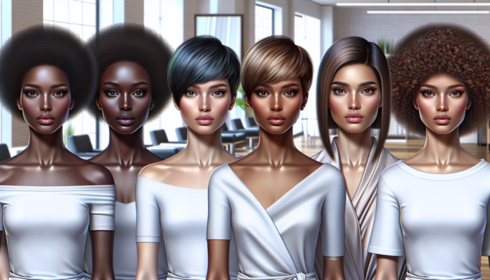 Women displaying short hairstyles customised to their face shapes in a contemporary salon.