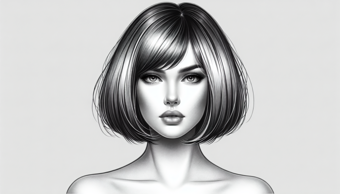 Woman with an oval face showcasing a blunt bob, sharp lines, chic modern vibe, subtle layers, and side-swept bangs.