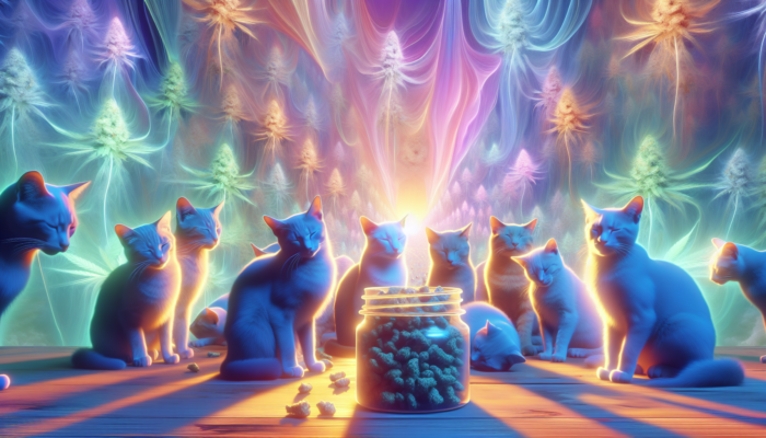 Anxious cats relaxing with catnip, surrounded by soft colors and gentle light during stressful situations.
