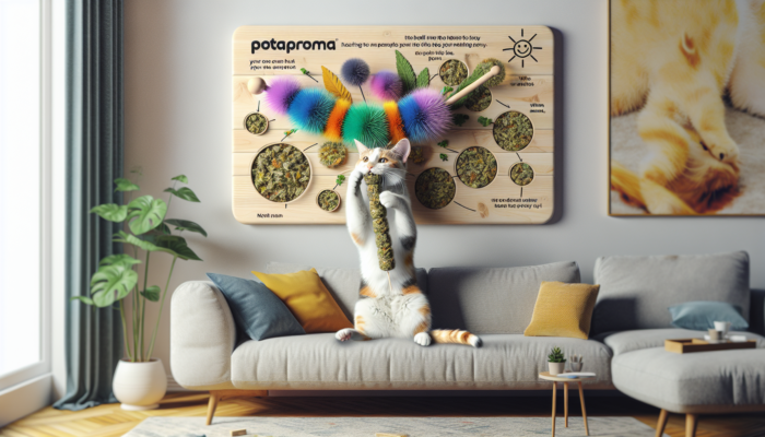 A cat playing with a colourful, wall-mounted Potaroma chew toy with catnip in a modern living room.