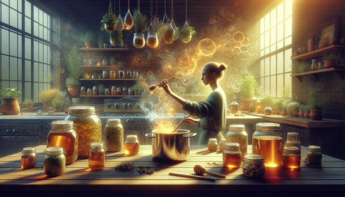 A person in a cosy kitchen steeping herbs and adding honey to make a soothing herbal syrup.