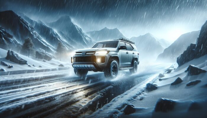 A car with all-wheel drive navigating through rain and snow, showcasing superior traction and safety.