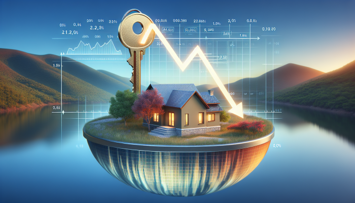 Debt Consolidation Loans Made Easy: A Clear Guide | DCL A serene home with a golden key in the lock and a graph showing declining interest rates.