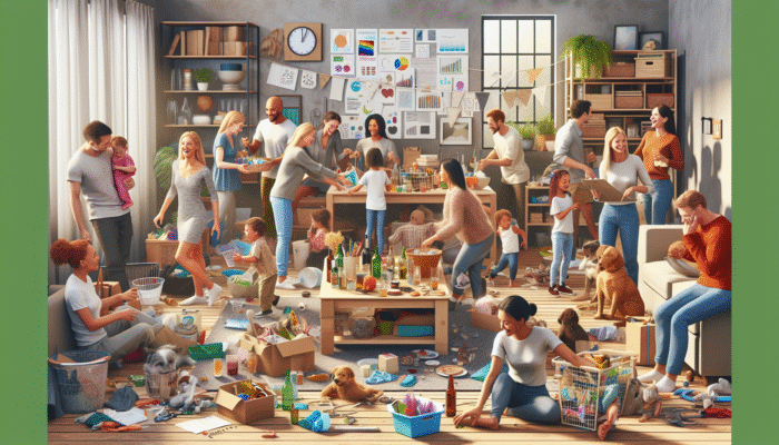 A lively decluttering party with friends, family, children, and pets, enjoying refreshments and sorting items together in a cosy home.