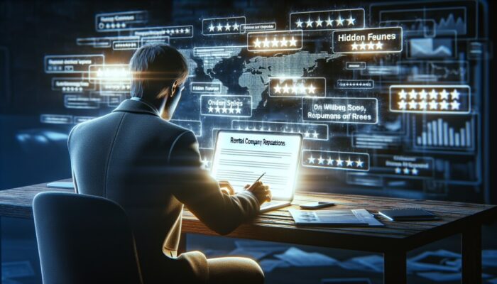 Individual investigating rental company reputations on a laptop with review websites open, analysing feedback trends.