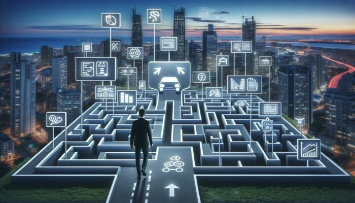 Individual confidently navigating a maze symbolising rental car policies in a modern cityscape at twilight.
