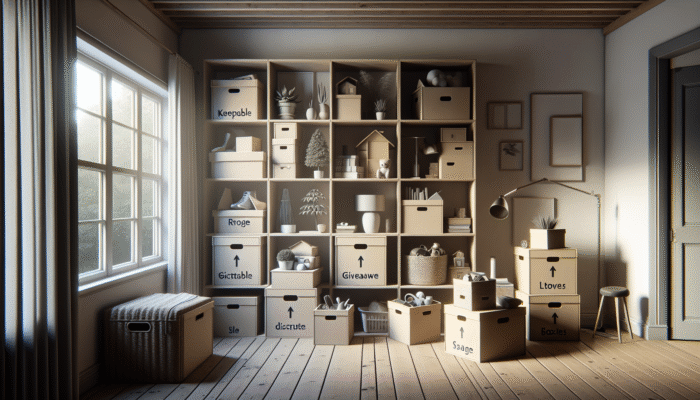 A serene home interior with neatly sorted items in labelled boxes: 'keep', 'donate', 'sell', 'discard'.