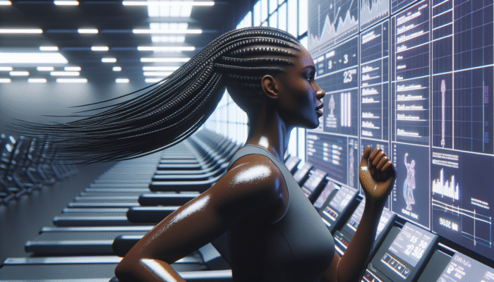 Woman with sleek braid running on a treadmill, hair secured to minimize sweat and distractions.