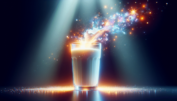 A glass of milk with glowing calcium and phosphorus particles, symbolising casein protein's role in enhancing bone density and preventing fractures for athletes.