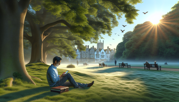 A person booking a cholesterol test online in a tranquil park in Royal Tunbridge Wells.