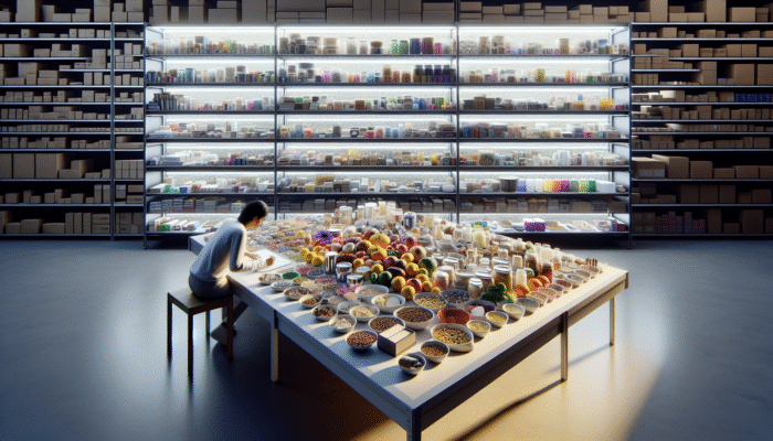A person categorising various items into labelled sections on a table, with neatly organised shelves surrounding.