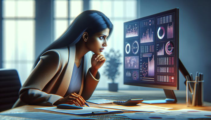 An individual analysing their financial report and credit score on a computer, surrounded by various documents in an office setting.