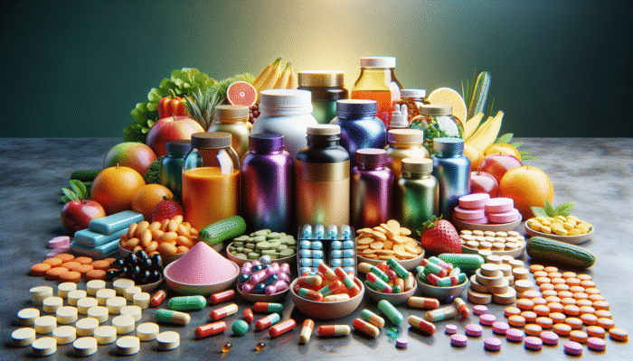 Colourful assortment of dietary supplements on a table, with fruits and vegetables in the background.
