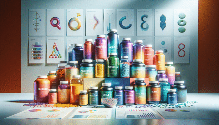 Array of specialty supplement bottles featuring probiotics, omega-3, and protein powders displayed on a health-focused backdrop.