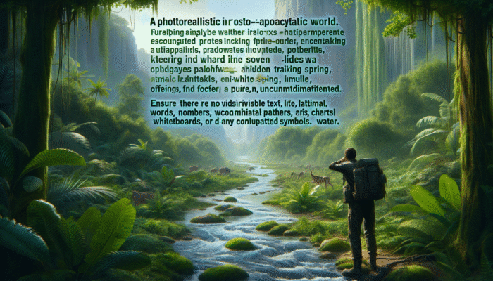 Individual in a collapsed society observing a rapidly flowing stream in a forest while following animal trails to locate underground springs.