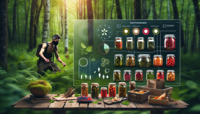 An individual foraging for berries and mushrooms in a lush forest, with preserved foods arranged on a rustic table.