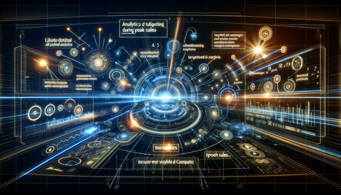 Futuristic interface of Bing Places for Business with Bing Ads, illustrating analytics and targeted campaigns during peak sales.