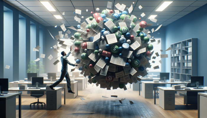 Person consolidating multiple small debts into one manageable loan, symbolising financial relief in an organized office.
