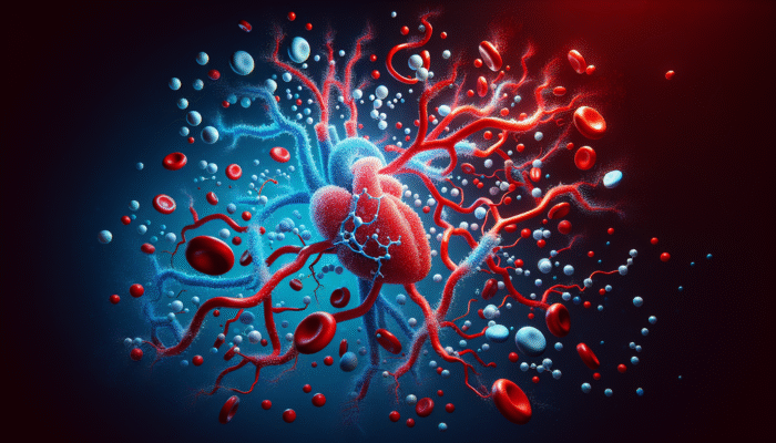 Illustration of nitric oxide molecules enhancing cardiovascular health within blood vessels, depicted in vibrant red and blue.