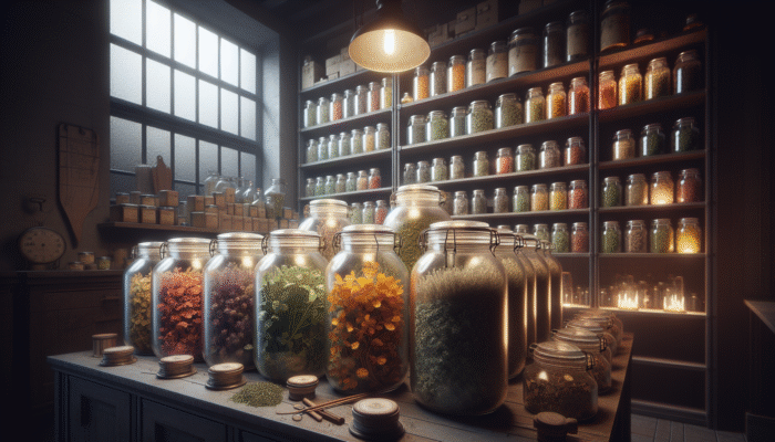 Glass jars with tight seals containing vibrant, dried herbs in a dimly lit pantry.