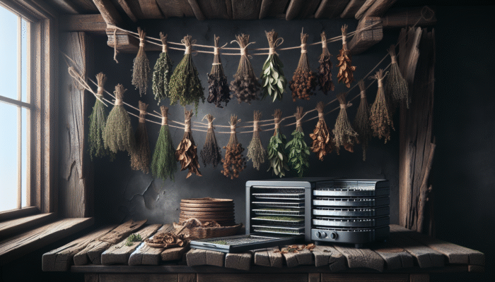 Bundles of herbs suspended from a wooden beam in a rustic kitchen, with a dehydrator adjacent.