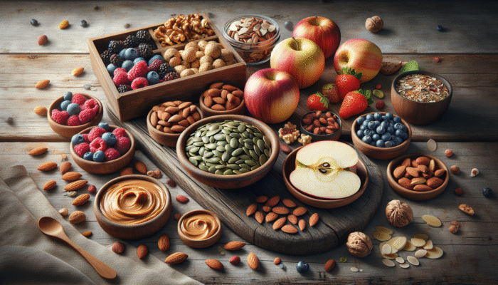 An appealing assortment of healthy snacks including nuts, seeds, and fruit-based treats displayed on a rustic wooden table.