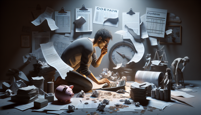 Understanding the Impact of Debt Consolidation on Future Loans: Insights Explored | DCL A person in a dimly lit room, surrounded by financial documents, anxiously calculating extended debt repayment on a calculator, with a calendar showing prolonged dates.