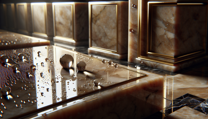 Glossy travertine tiles with water droplets in a dimly lit, elegant bathroom, showcasing sealant protection.