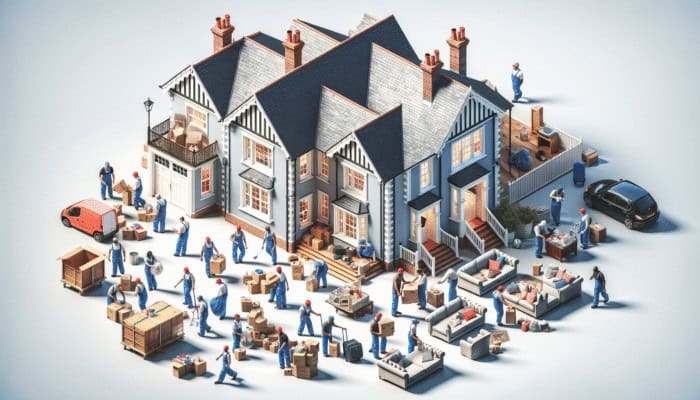 House Clearance Quotes in the UK Compared: A team clearing a large UK home, illustrating how property size influences clearance costs.