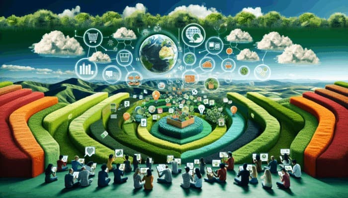 Infographic highlighting sustainable living trends, zero-waste tips, and eco-friendly product reviews, featuring diverse consumers using digital devices.