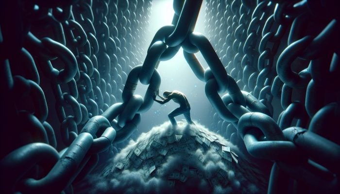 Abstract visualization of debt as chains affecting sleep, with shadows and distant light symbolizing hope.