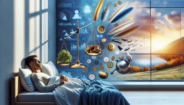 A person sleeping peacefully in a serene bedroom, surrounded by organized financial documents symbolizing debt consolidation.