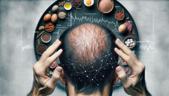 A scalp displaying thinning, brittle hair and loss patches alongside protein-rich foods such as eggs, meat, and legumes.