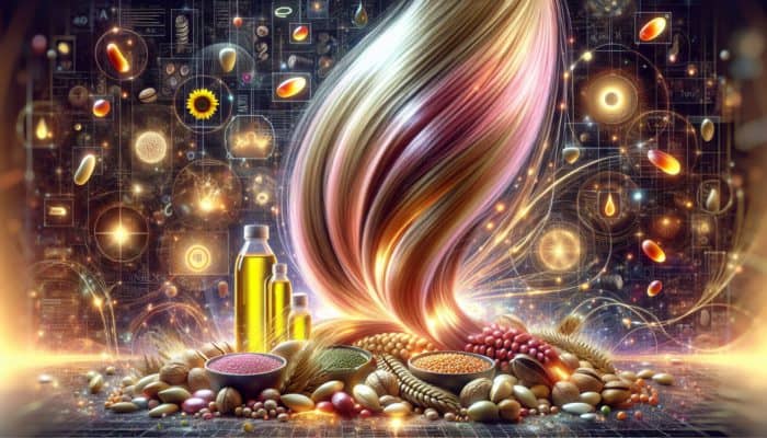 Lustrous hair strands coated in omega-6 fatty acids, surrounded by nuts, seeds, and bottles of oil.