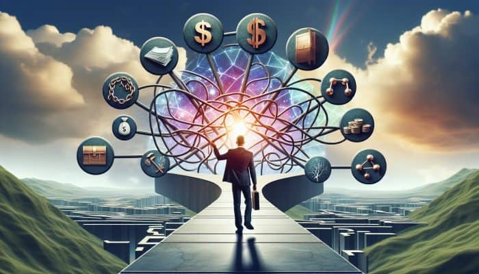 Key Terminology Essential to Understanding Debt Consolidation: A Comprehensive Guide | DCL A person confidently navigating a clear path through a complex financial landscape with labeled signposts under a bright sky.