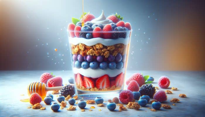 Greek yogurt parfait layered with granola, berries, and honey in a clear glass.