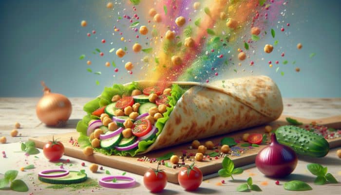 A vibrant chickpea salad wrap filled with vegetables, herbs, and vinaigrette in a whole grain tortilla.