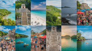 A collage of 12 photos showcasing beaches, ancient stone ruins, lush green landscapes, ocean views, vibrant festivals with market stalls, boats on the water, and people enjoying sandy shores under a variety of blue and cloudy skies—ideal for a Belize travel guide.