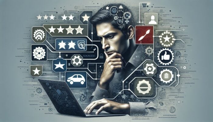 Person analysing customer reviews on a laptop, surrounded by rental company logos, graphs, and stars.