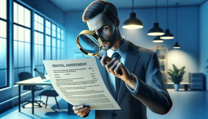 Person using a magnifying glass to read a rental agreement, focusing on insurance and fees with concern.