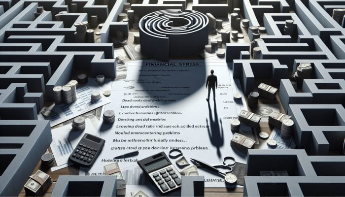 Debt Consolidation Loan Interest Rate Traps: A Guide | DCL Debt Consolidation Loan Interest Rate Traps: A person navigating a complex maze with paths labeled with escalating interest rates, leading to a dead end under a shadow of stress.
