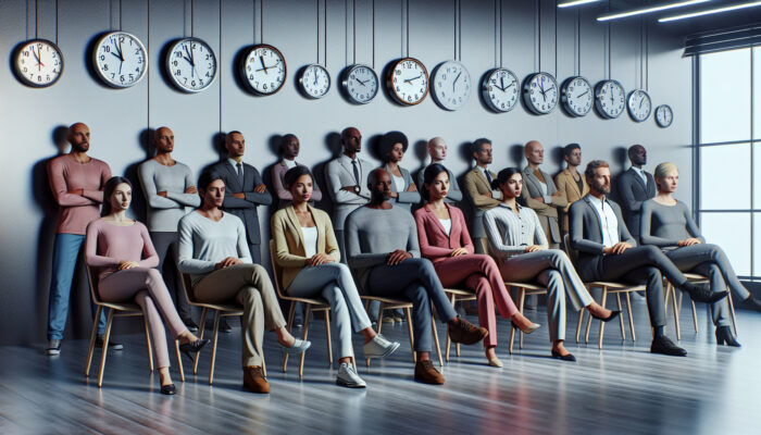 Diverse group waiting in an office with permit applications and clocks reflecting different times.