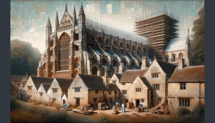 Detailed view of Westminster Abbey and Cotswold cottages, highlighting textured limestone facades and restorers at work.