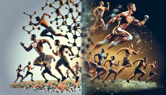 Split image of whey and plant protein structures, athletes in action and recovery, showcasing muscle growth and endurance.