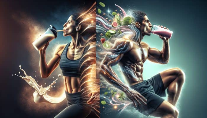 Athlete consuming whey protein shake and plant-based smoothie, showing rapid absorption and antioxidant benefits.