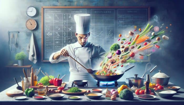 A chef expertly stir-frying a medley of colourful vegetables and meat in a wok, steam rising, within a vibrant kitchen setting.