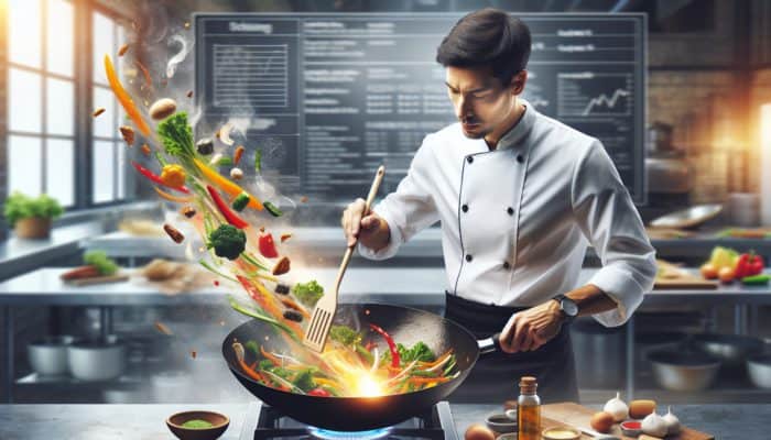 A chef skillfully stir-frying vegetables in a wok with a spatula, ensuring even cooking and caramelisation.