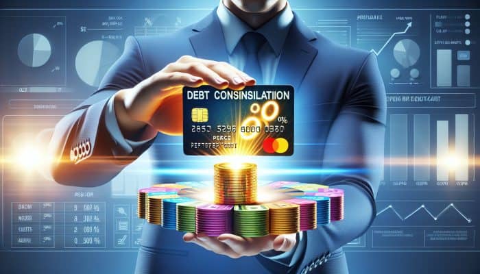 Debt Consolidation for Multiple Credit Cards: A UK Guide | DCL Person transferring colorful credit card balances to new card with '0%' symbol, illustrating debt consolidation.