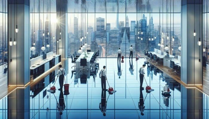 A sparkling office with professional cleaners working, reflecting a city skyline.